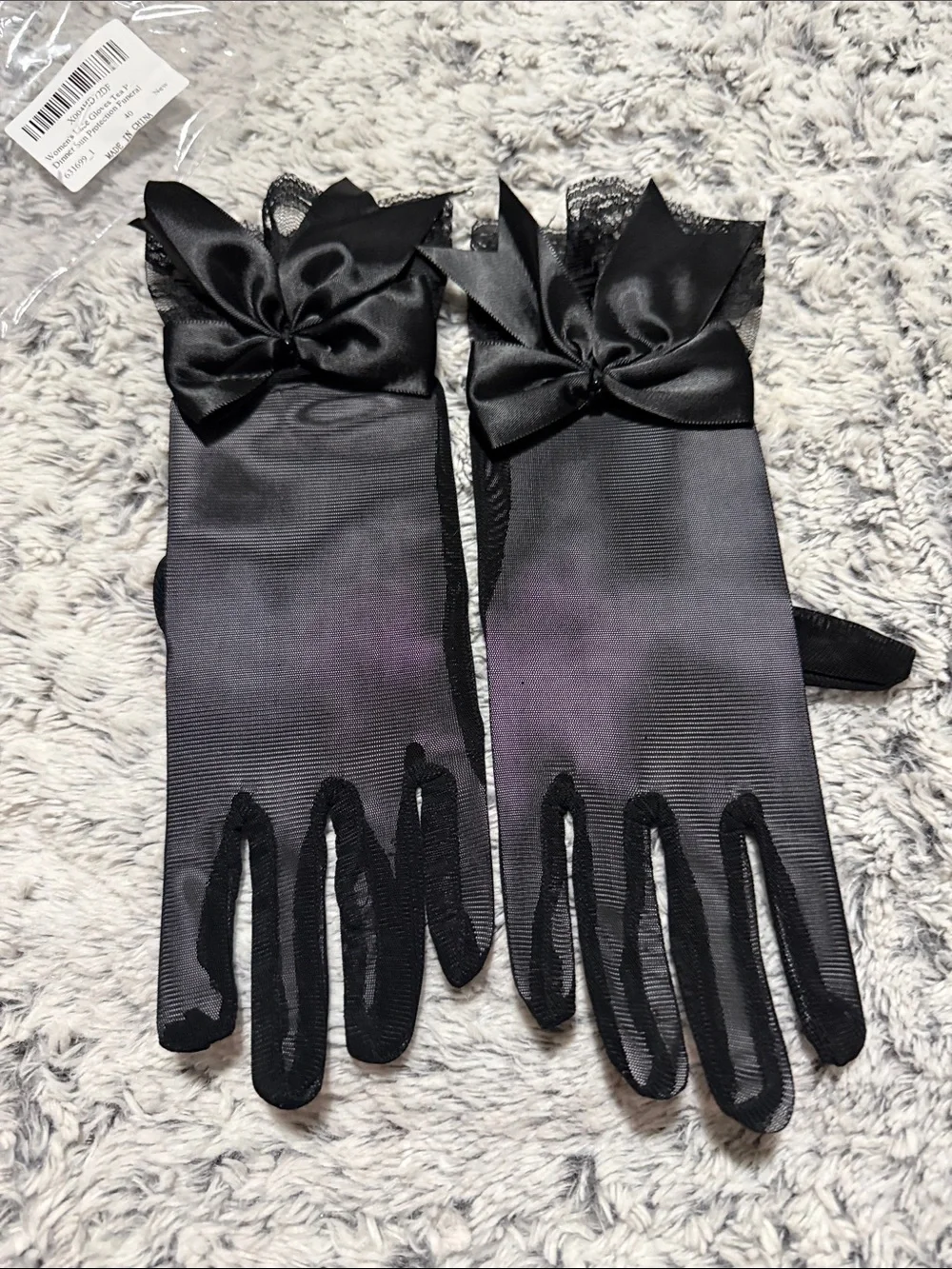 Black Satin Bow Lace Evening Gloves - Women's Accessories sheer